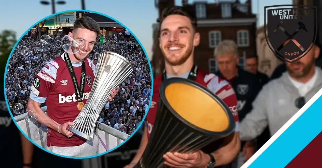 Declan Rice lifts the Conference League trophy