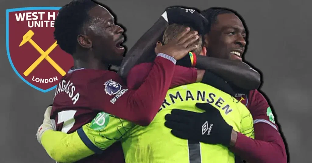 West Ham players congratulate Mads Hermansen