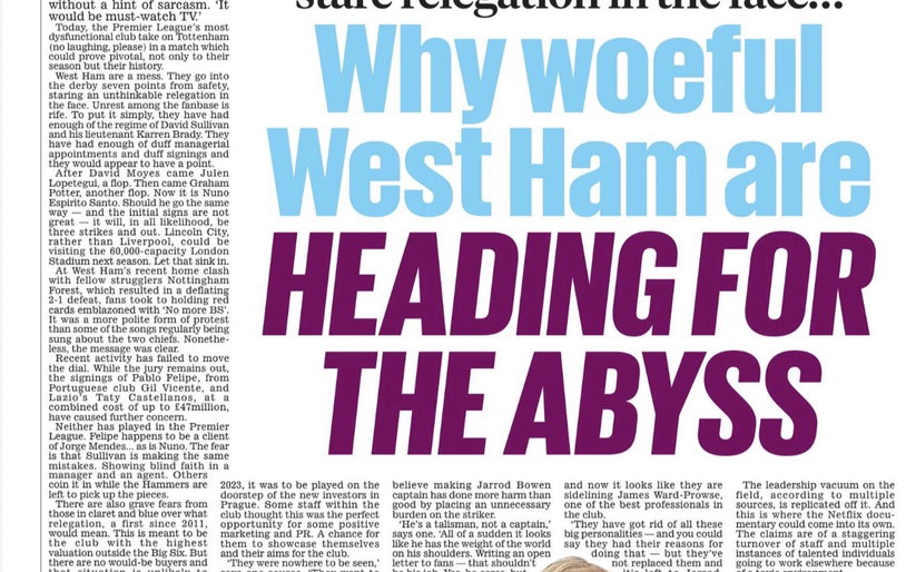 Image for Club insider responds to “West Ham heading for abyss” claims