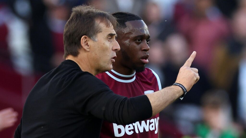 West Ham head coach Julen Lopetegui instructs Aaron Wan Bissaka from the touchline