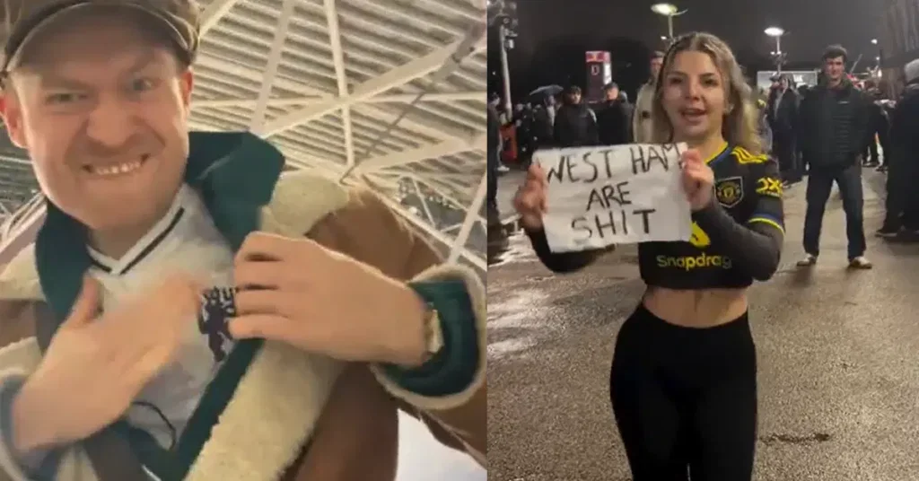 Man U fans taunt West Ham supporters outside the London Stadium