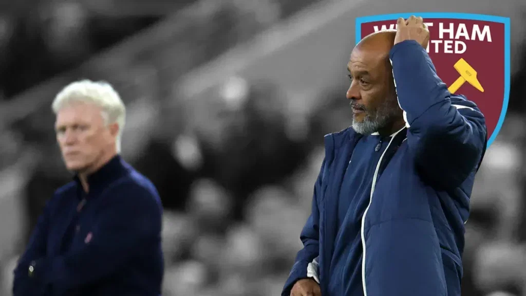 Nuno Espirito Santo scratches his head while David Moyes looks on