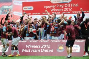 West Ham United celebrate promotion to the Premier League, after the final whistle
