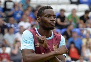 PETERBOROUGH, ENGLAND - JULY 11:  Diafra Sakho of West Ham United celebrates his goal at London Road Stadium on July 11, 2015 in Peterborough, England.  (Photo by Arfa Griffiths/West Ham United via Getty Images)
