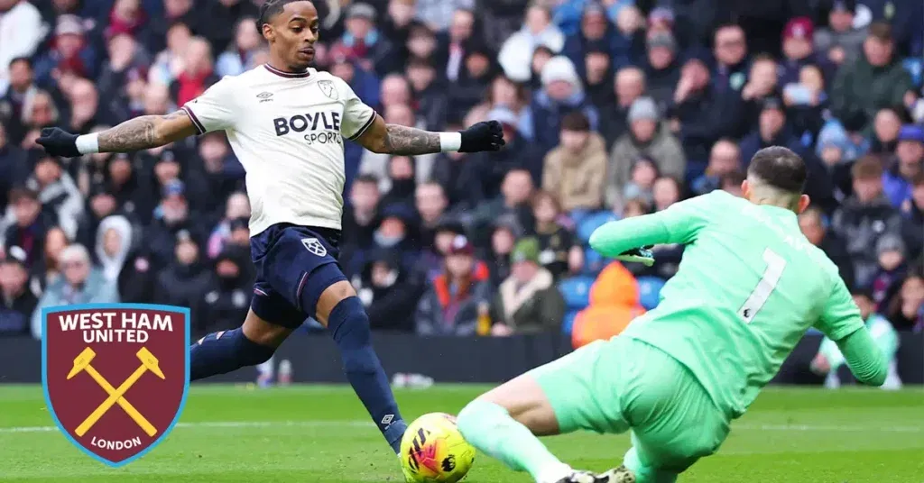 Crysencio Summerville chips the ball into the Burnley goal