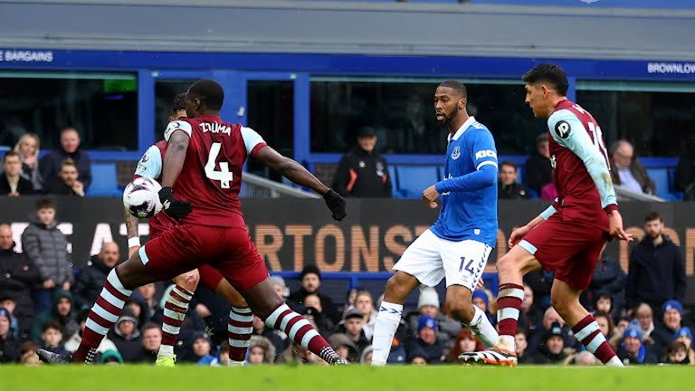 Kurt Zouma concedes a penalty with a handball in the Everton v West Ham Premier League fixture