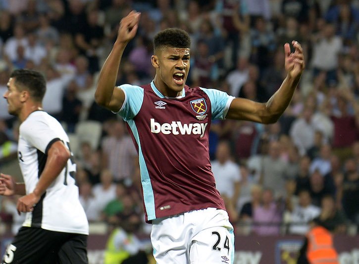 LONDON, ENGLAND - AUGUST 27:  Ashley Fletcher of West Ham United cannot believe he has not won his team a penalty during the UEFA Europa Play-Off Second leg match between West Ham United and FC Astra Giurgiu at London Stadium on August 25, 2016 in London, England.  (Photo by Avril Husband/West Ham United via Getty Images)