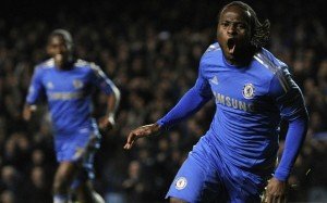Chelsea's Victor Moses celebrates after scoring a goal against Shakhtar Donetsk during their Champions League group E soccer match at Chelsea's Stamford Bridge stadium in London, Wednesday, Nov.  7, 2012.(AP Photo/Tom Hevezi)